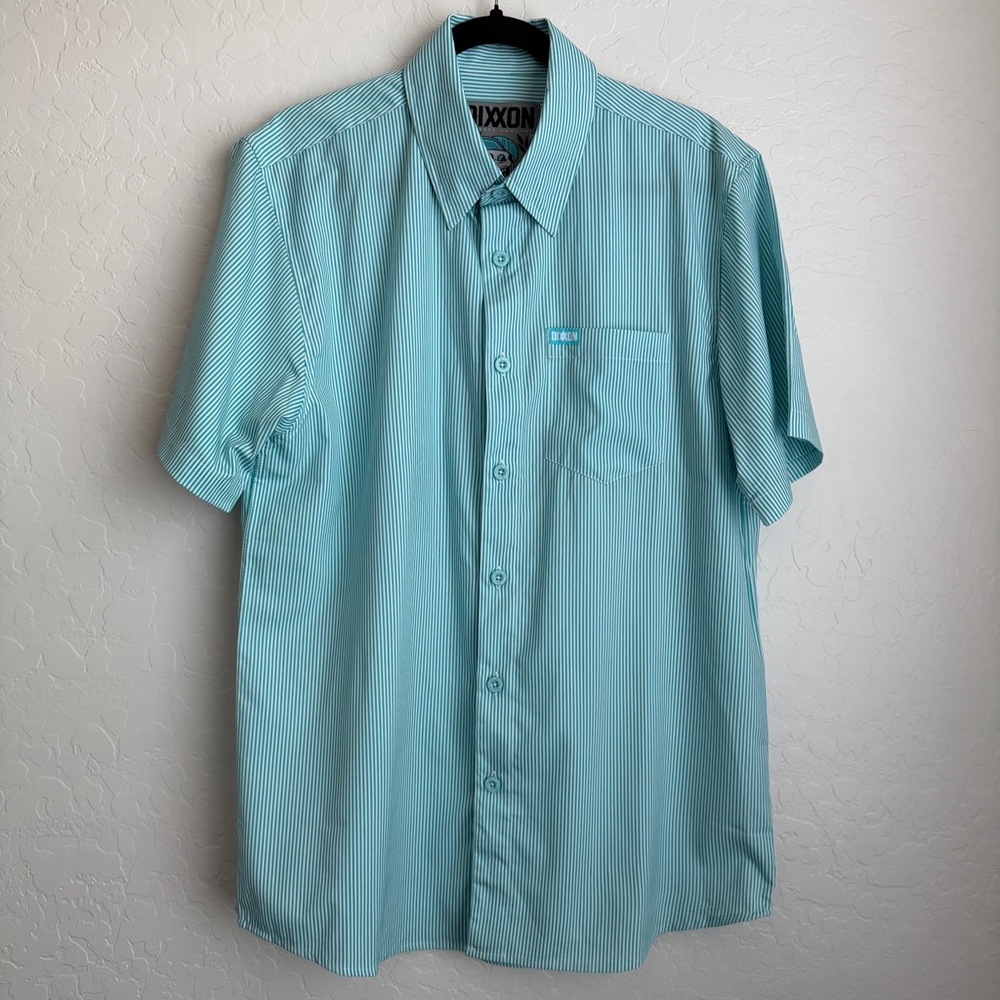 Dixxon Men's Benny Short Sleeve Button Up Shirt Microstripe Tiffany Blue Medium